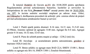 Licitație deschisă: S.A. „Drumuri Orhei” achiziționează materiale și servicii de întreținere
